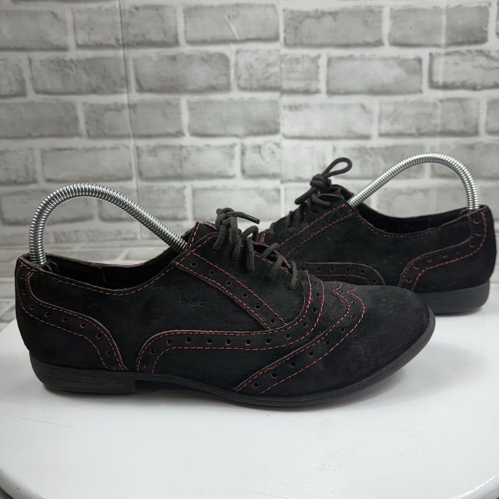 Women's Black Suede Wingtip Oxfords with Red Stitching